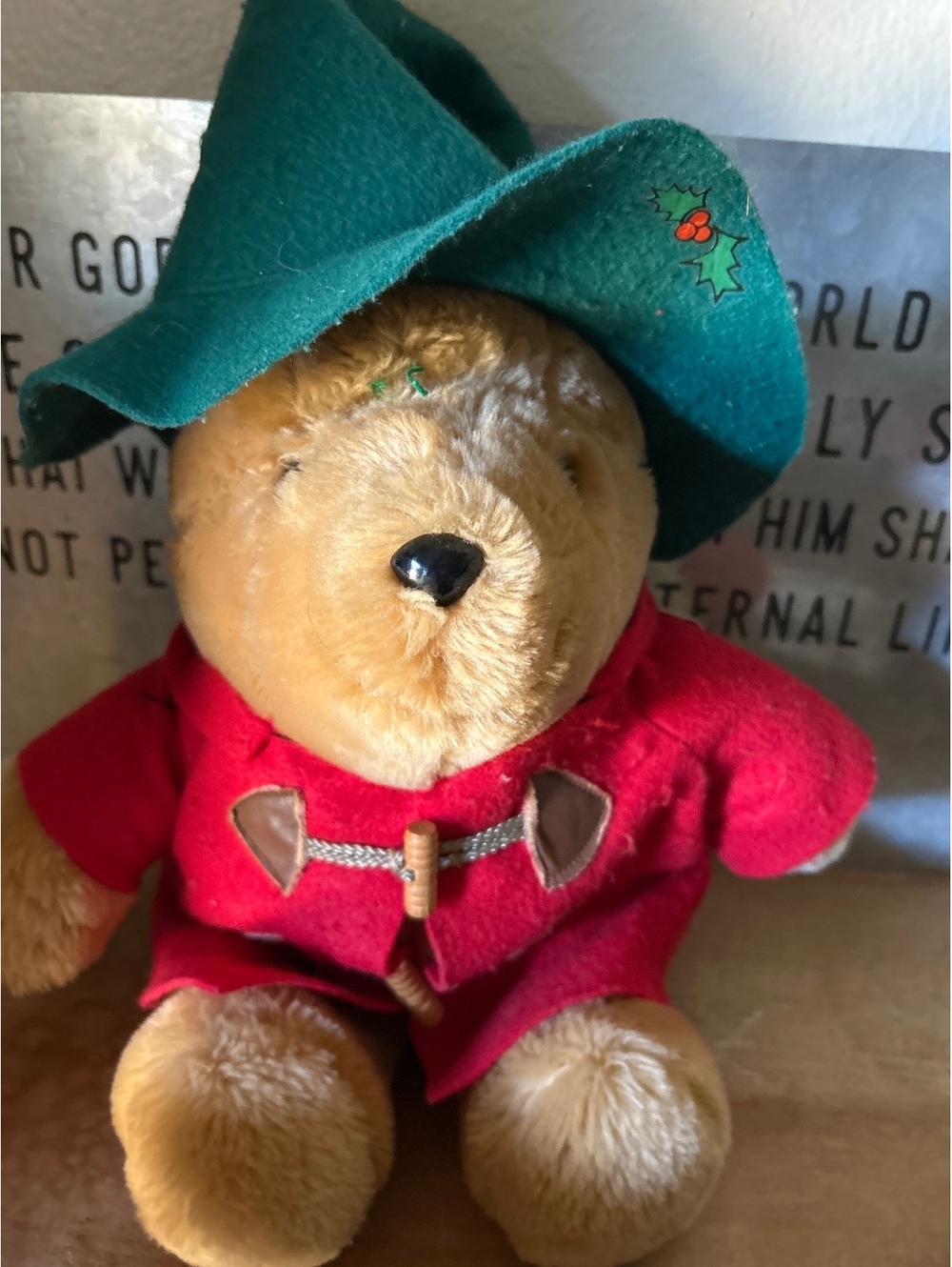 Vintage Sears Plush Bear with Green Felt Hat and Red Coat
